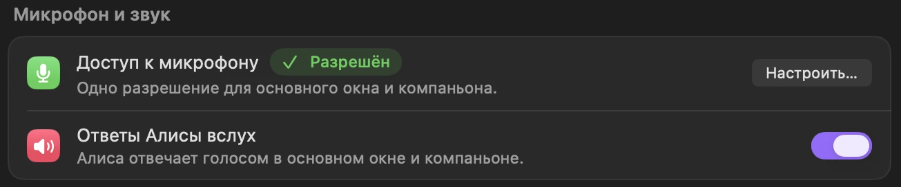 Микрофон и звук: доступ к микрофону разрешён, ответы Алисы вслух включены.
